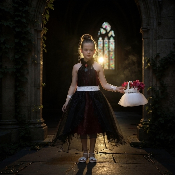 Custom Black & Red Chiffon Dress ✦ Girls 6 ✦ Handmade Roses Sparkle Sash Formal - Picture 13 of 16